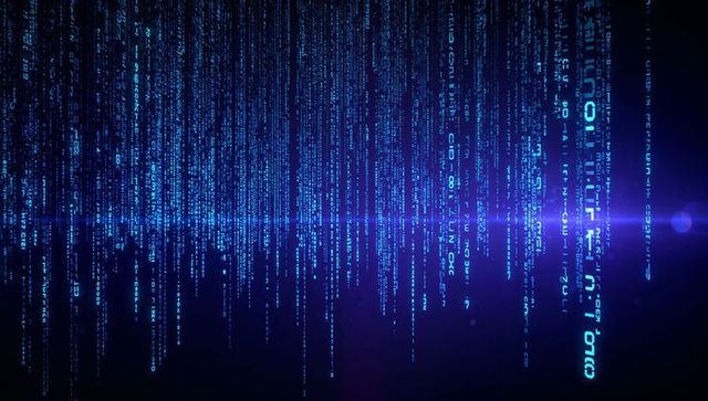 Streaming blue digital code rain with neon cyan flare and futuristic matrix lines