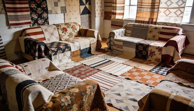 Patchwork quilts draping sofas and patchwork rug creating cozy vintage parlor with striped drapes