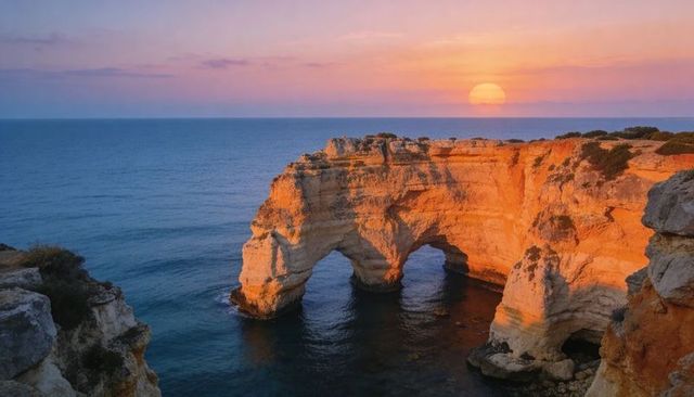 Sunset illuminating double sea arches and glowing limestone cliffs over calm ocean