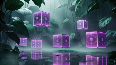 Neon purple cubes in misty jungle fantasy setting