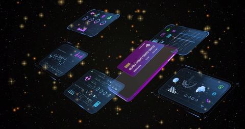 Purple holographic smartphone floating in space with payment card and neon analytics dashboard