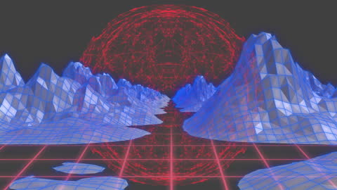 Futuristic Digital Landscape with Grid Matrix and Mountains