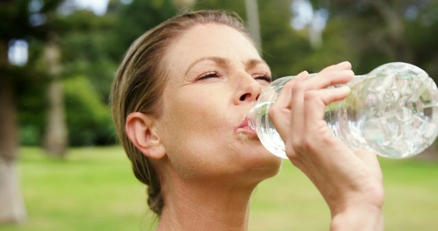 A middle-aged Caucasian woman is drinking water from a bottle outdoors, with copy space. Staying hydrated is essential for health, especially during physical activity or warm weather.