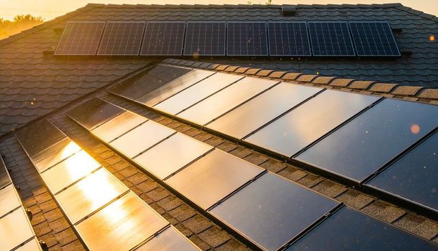 Glinting solar panels reflecting golden sunset on sloped shingle roof, modern energy
