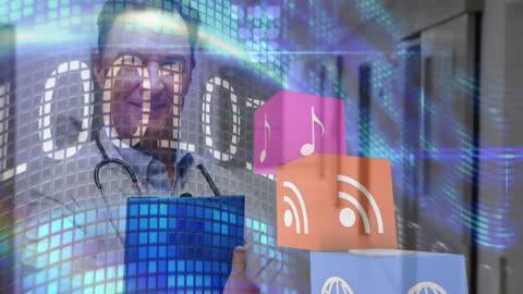 Smiling Doctor with Digital Interface and Data Visualization