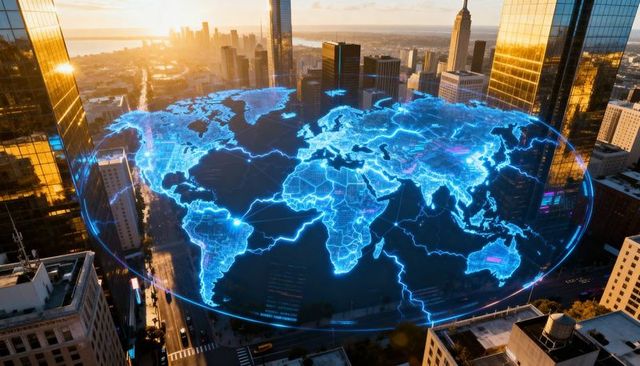 Holographic World Map Projecting Over Downtown Skyline at Sunset, Futuristic City Network