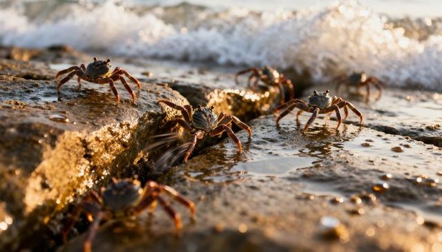 Red-brown shore crabs scuttling across sunlit rocky intertidal platform at golden hour