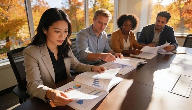 Diverse team reviewing financial reports and charts at conference table in autumn light