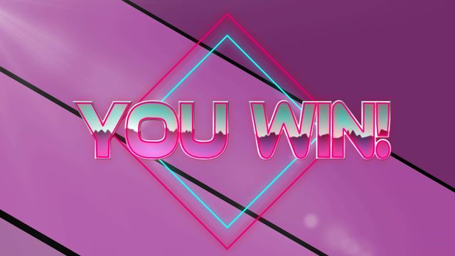 This retro-inspired neon 'You Win!' graphic is ideal for video game interfaces, victory screens, and celebratory design elements in digital games. The bright pink and purple background with a hexagon outline gives an 80s arcade feel, perfect for retro-themed projects or adding a fun, vibrant touch to multimedia presentations and game development workflows.