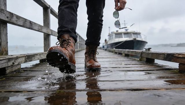 Boots splashing puddles on wet wooden pier, walking toward moored boat in overcast harbor