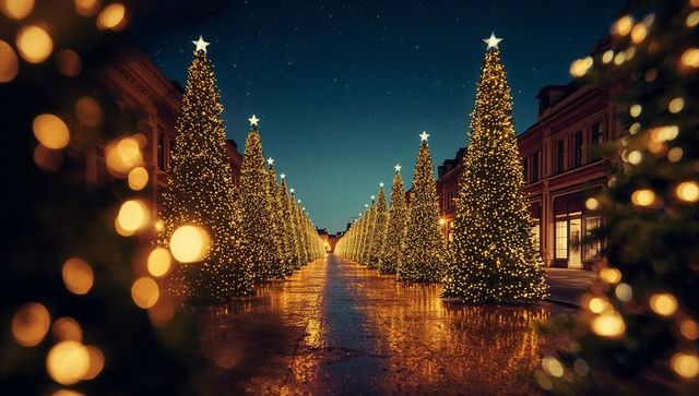 Mirroring Christmas Trees with Illuminating Street Glow at Night