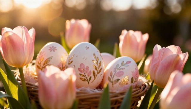 Hand-painted easter eggs nesting among pink tulips at golden hour