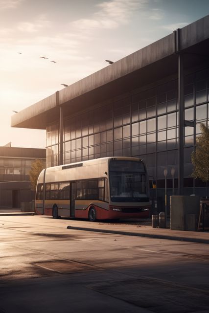 Bus parked outside bus station, created using generative ai technology. Bus, transport and travel concept digitally generated image.
