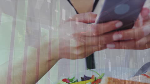 Woman Using Smartphone with Overlay of Financial Data