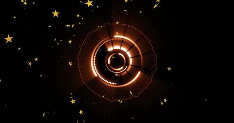 Glowing neon orb emitting radial beams with concentric rings and scattered gold stars