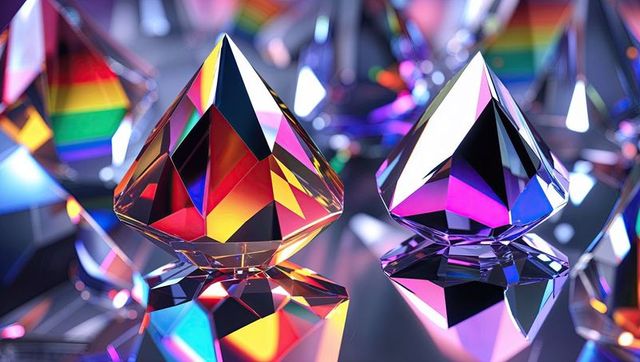 Colorful crystal pyramids reflecting rainbow light