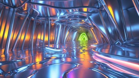 Futuristic Metallic Tunnel with Reflective Neon Portal