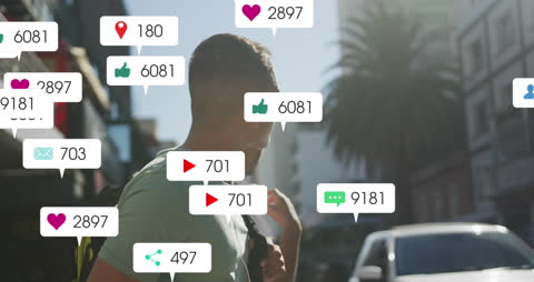 Social Media Notifications Floating in Urban Landscape