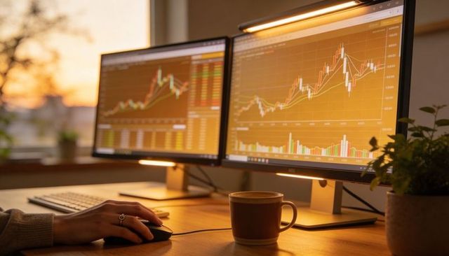 Evening trading workstation displaying dual monitors with candlestick charts and coffee mug