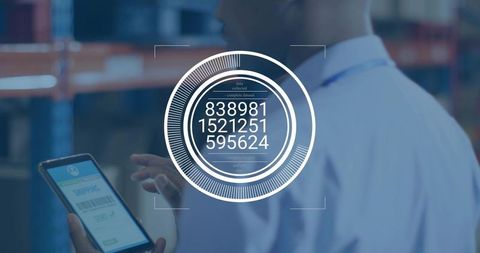 Warehouse Technician Scanning Inventory with Tablet and HUD Overlay for Logistics Control