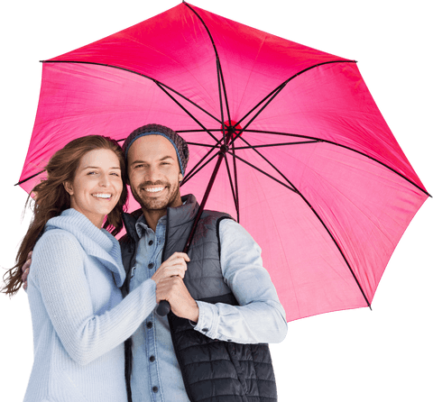 Smiling couple under transparent pink umbrella outdoors