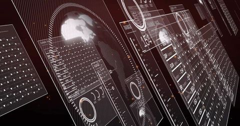 Displaying angled hud panels with globe, data columns and gauges in futuristic dashboard