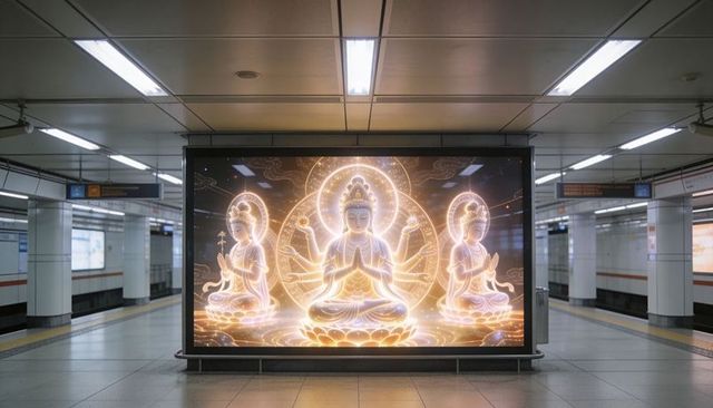 Glowing triptych showing seated buddha figures on subway display, meditative lotus aura