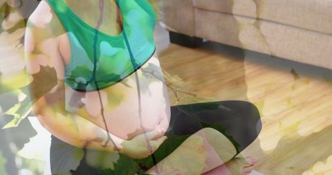 Pregnant Woman Practicing Relaxation at Home with Nature Overlay