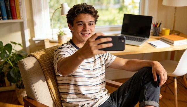 Teen taking selfie in cozy home study with laptop, notebooks and natural daylight