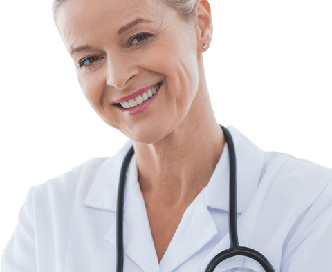 Happy mature doctor smiling with stethoscope transparent background