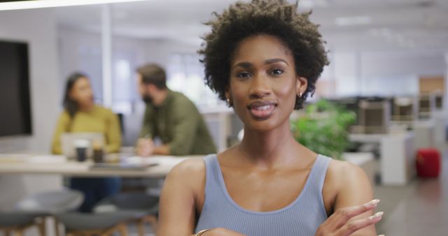 Smiling African American Businesswoman in Focus with Colleagues Discussing in Background - Download Free Stock Images Pikwizard.com