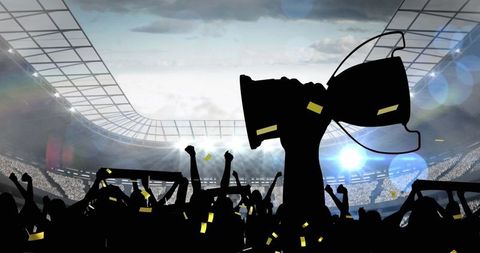 Silhouette of Fans Celebrating Victory in Sport Stadium with Trophy