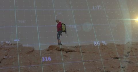 Hiker with Grid Overlay Symbolizing Adventure and Futuristic Exploration