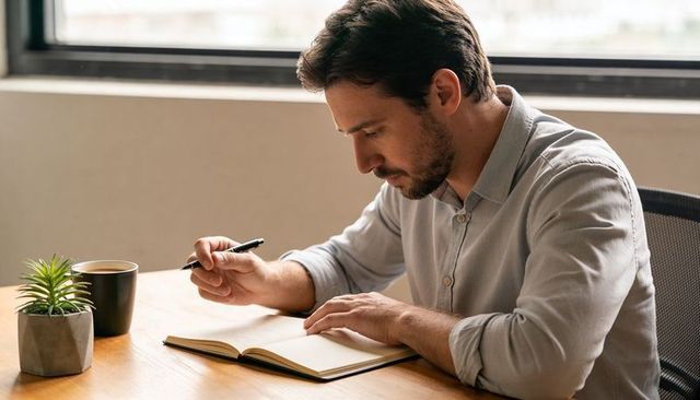 Man writing in notebook at sunlit desk with coffee and succulent, focused productivity