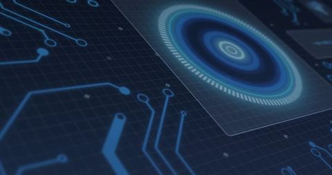 Holographic Circular HUD with Neon Blue Circuit Traces on Dark Grid Background