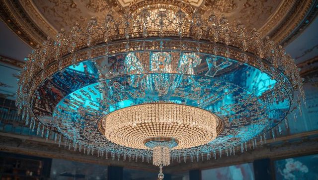 Opulent crystal chandelier reflecting turquoise canopy and glowing gold pendant in gilded hall