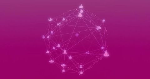 Pulsing magenta wireframe sphere showing connected nodes, user icons and alerts