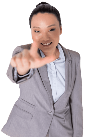 Transparent Asian Businesswoman Smiling in Grey Suit