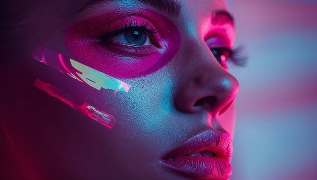 Futuristic beauty portrait with neon accents and dewy skin