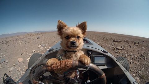 Small longhaired dog driving vintage offroad buggy across rocky desert plain, adventurous