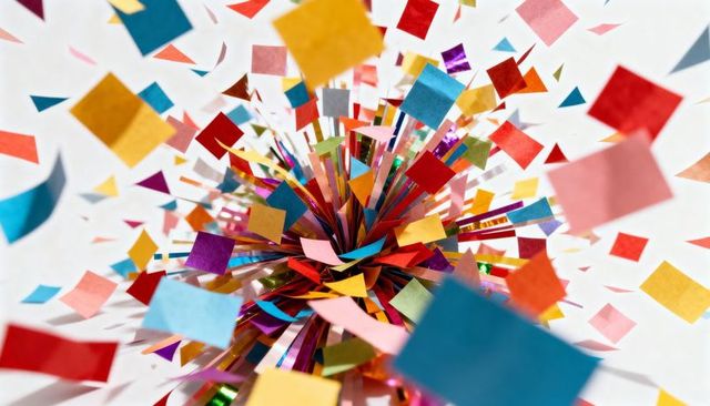 Bursting colorful confetti explosion radiating streamers and paper squares on white background