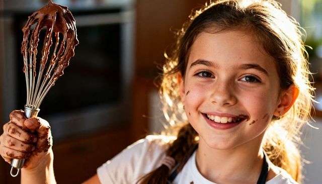 Smiling girl holding chocolate-covered whisk, baking in sunlit kitchen with messy chocolate