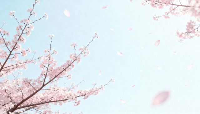 Drifting cherry blossom branches against pale blue sky with falling petals