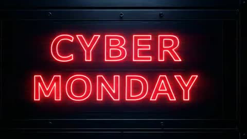 Pulsing Red Neon Cyber Monday Sign Powering On With Glitch Streaks Over Metal Shutter