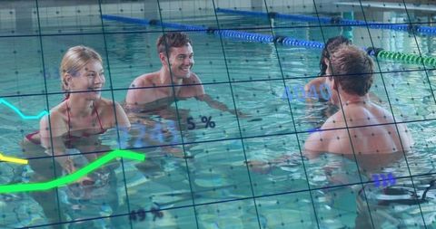 Friends chatting and smiling in fitness pool with digital wellness graph overlay
