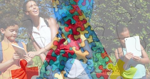 colorful puzzle pieces superimposed on a backdrop of cheerful children using digital tablets while suggesting themes of autism awareness and learning challenges. suitable for educational campaigns, support resources, or social media efforts geared towards enhancing understanding and support for children with learning difficulties.