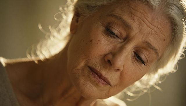 Elderly woman gazing downward in warm backlit portrait, contemplative intimate mood