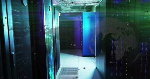 Modern Data Center Aisle with Blue Server Cabinet