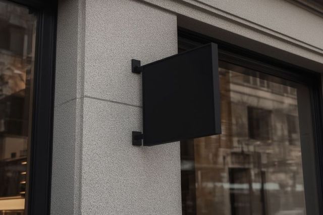 Blank black sign on storefront wall with glass reflections