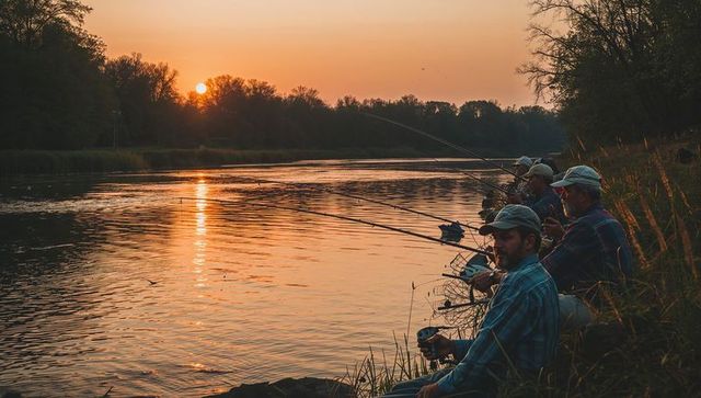 Anglers casting lines at sunset on tranquil riverbank, rustic outdoor recreation